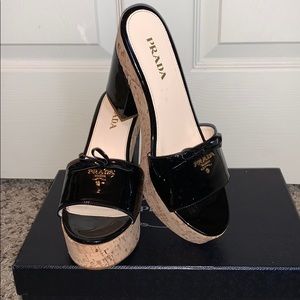 Prada Black Patent Leather Cork Mules - 9
